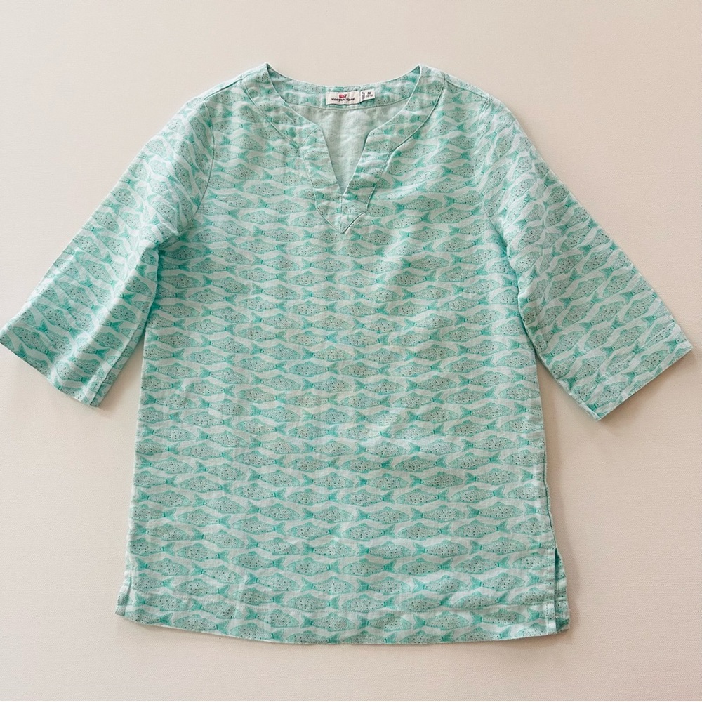 Vineyard Vines Girls 10-12 Linen Mint Green Fish Print Tunic Cover Up Beach